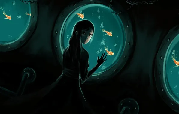 Sea, girl, fish, fish, dark, art, under water, Windows
