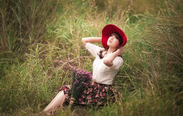 Girl, flowers, Asian