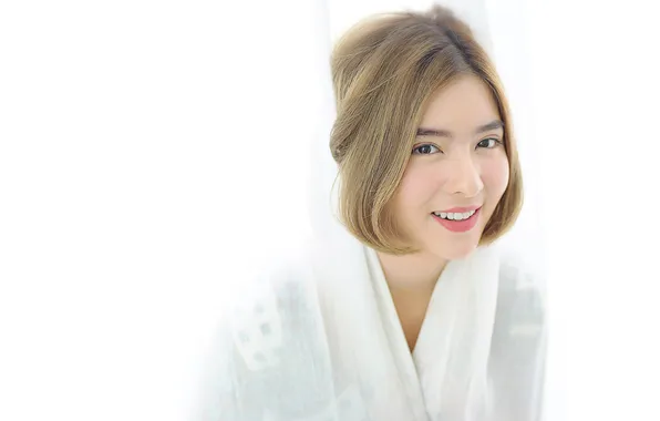 Girl, face, smile, hair, curtains