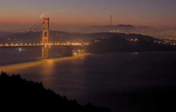 Night, bridge, the city, lights, Golden gate, San Francisco