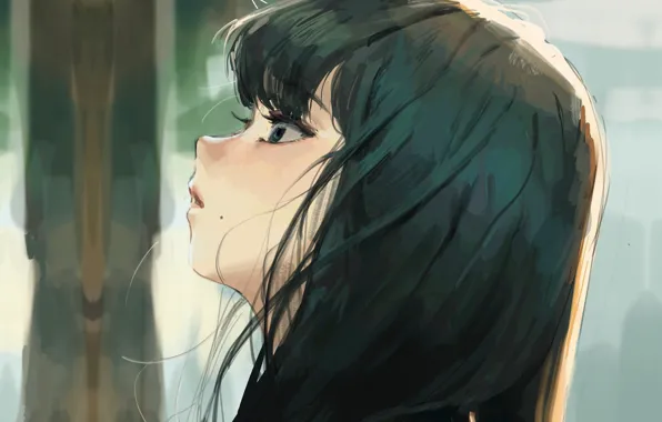 Wallpaper eyelashes, girl, mole, bangs, in profile, looking up