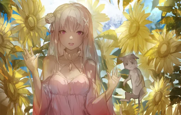 Girl, sunflowers, flowers, art, Pak, Emilia, Re: Zero kara hajime chip isek or Seikatsu, emilia