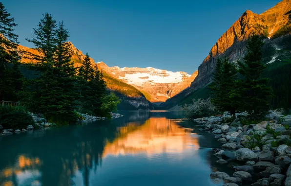 Forest, light, mountains, lake, blue, stones, rocks, the slopes