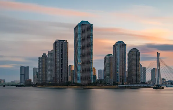The sky, sunset, river, building, home, the evening, Japan, Tokyo