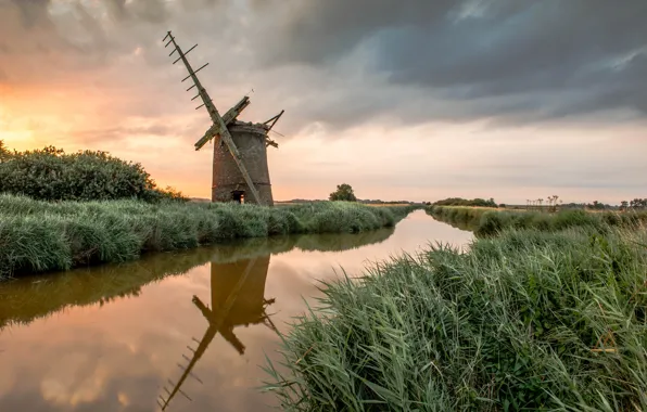 Picture sunset, mill, reed, channel, abandoned