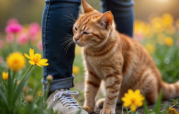 Cat, cat, look, flowers, pose, feet, red, face