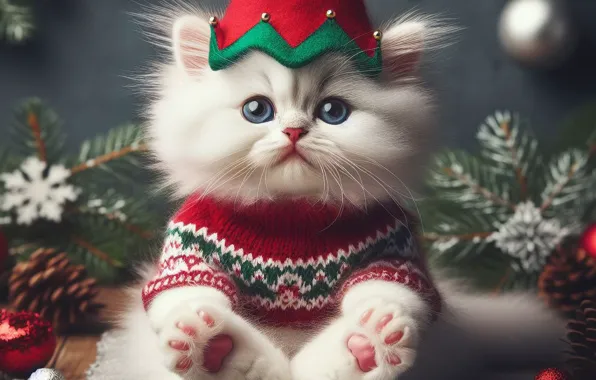 Cat, white, look, branches, pose, kitty, legs, Christmas