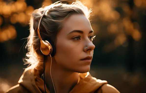Look, girl, light, nature, face, music, portrait, headphones
