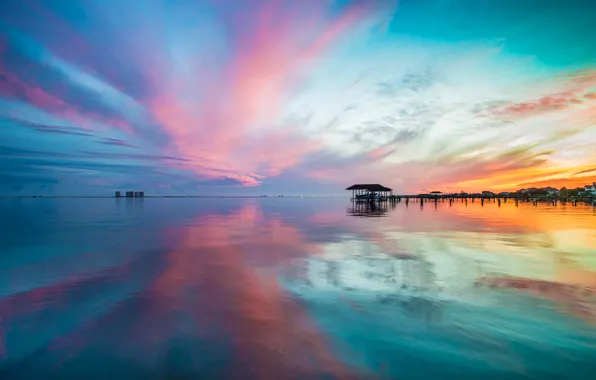 Sea, the sky, clouds, sunset, nature, reflection, shore, home