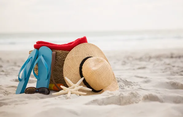 Sand, sea, beach, summer, nature, hat, shell, starfish