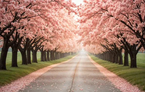 Trees, Park, spring, Sakura, alley, flowering, trees, pink
