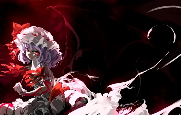 Picture darkness, blood, red eyes, art, vampire, black wings, Touhou Project, Remilia Scarlet