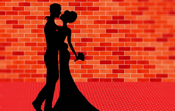 Dance, bouquet, lovers, silhouettes, brick wall, vector graphics