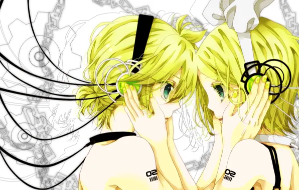 Girl, romance, headphones, guy, two, Vocaloid, Vocaloid, Kagamine Len