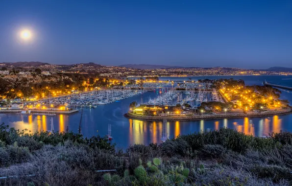 Picture sea, mountains, lights, home, yachts, the evening, port, USA