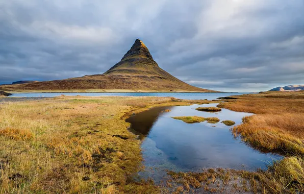 The sky, grass, clouds, lake, mountain, Iceland, Kirkjufell