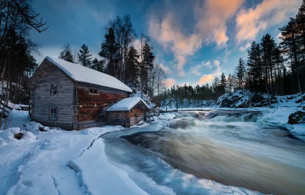 Picture winter, forest, snow, landscape, nature, house, river, national Park