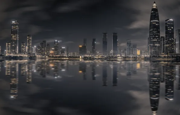 Clouds, night, the city, lights, reflection, shore, building, skyscrapers