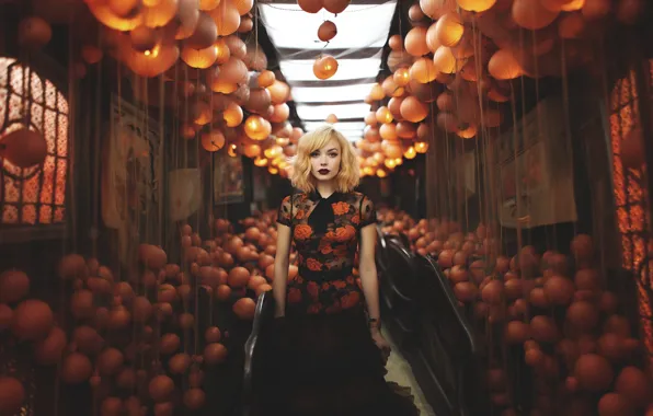 Look, girl, balls, wall, makeup, blonde, lights, the ceiling