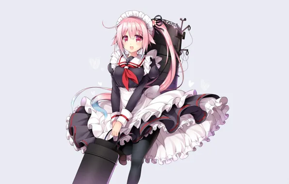 Grey background, the maid, apron, ruffles, bezel, pink hair, kantai collection, red tie