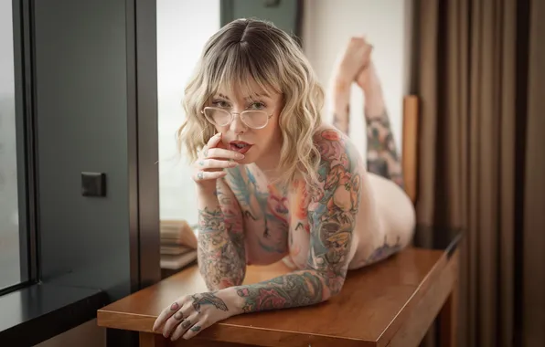 Chest, table, body, tattoo, glasses, blonde, tattoo, Mistyy