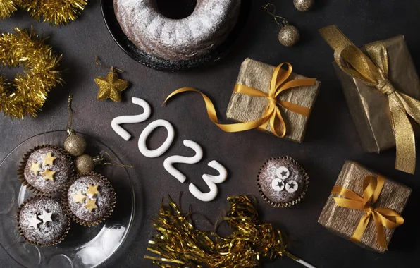 Balls, table, star, food, figures, gifts, New year, gold plated