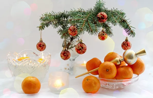 Branches, table, holiday, tree, new year, dishes, fruit, happy new year