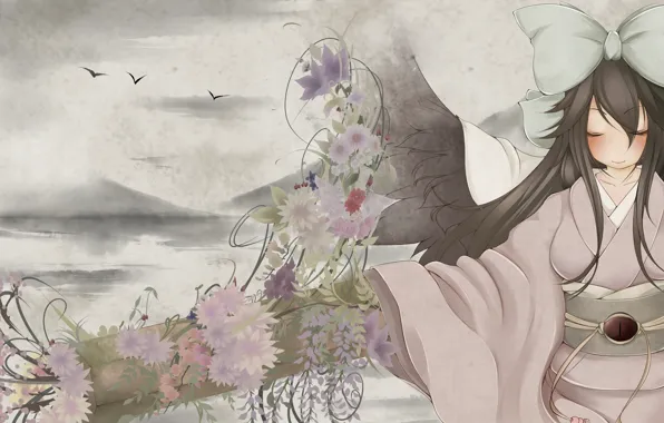 The sky, flowers, kimono, bow, reiu equipment, utsuho