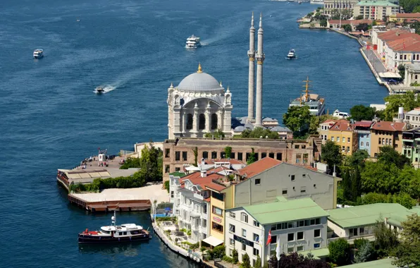 Strait, shore, mosque, Istanbul, Turkey, The Bosphorus