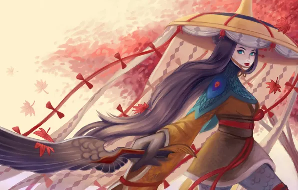 Girl, sword, hat, art, Onmyoji, ubume
