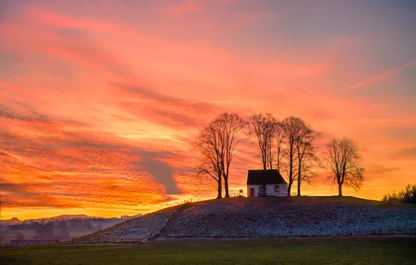 Field, clouds, trees, sunset, view, hill, house, sunset sky