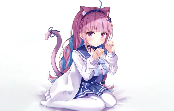 Girl, school uniform, pink hair, long hair, legs, animal ears, anime, catgirl