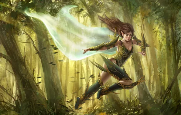 Forest, girl, the wind, fantasy, art, running, elf