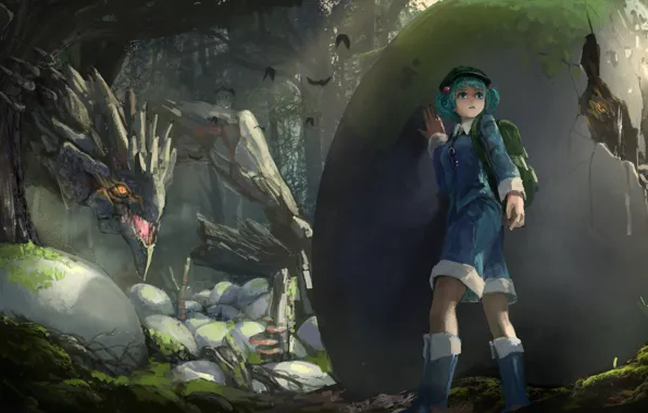 Picture forest, girl, trees, nature, dragon, eggs, anime, art