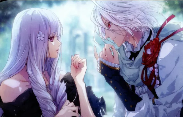 Hands, two, red eyes, visual novel, eye to eye, queen of the flowers, orpheus, violette