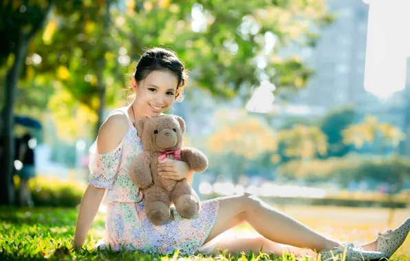 Summer, girl, bear, Asian