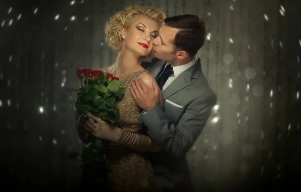 Girl, flowers, roses, makeup, blonde, guy, hairstyle