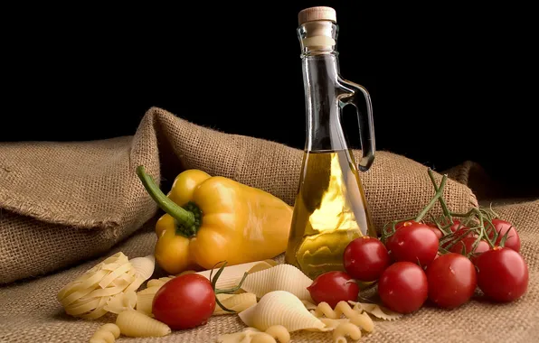 Bottle, oil, pepper, still life, tomatoes, tomatoes, pasta