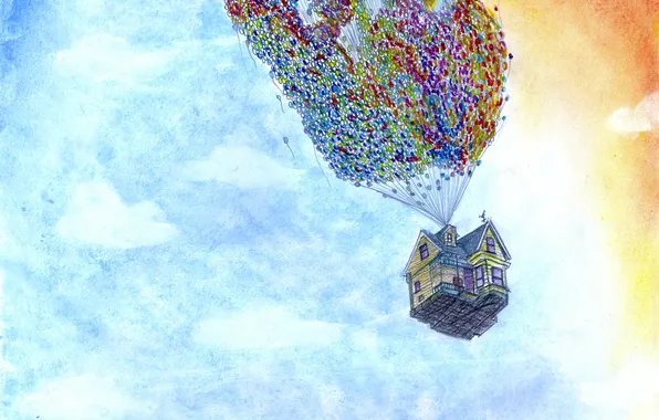 House, balloons, pencils, watercolor, Up, Art, Pixar, the sky.