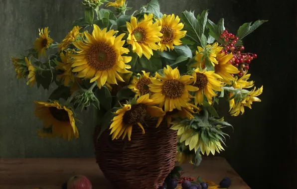 Autumn, sunflowers, Apple, bouquet, plum, Kalina