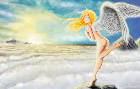 The sun, clouds, tops, Girl, angel, naked