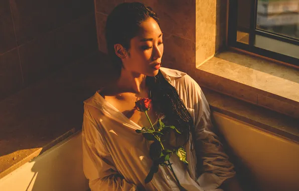 Flower, glass, girl, light, flowers, face, pose, eyelashes