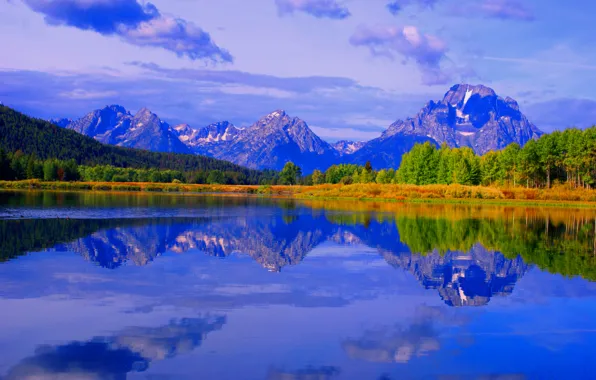 Picture mountains, trees, lake, autumn, the sky, sunset, Wyoming, USA