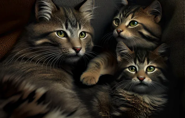 Cat, cats, comfort, portrait, art, kittens, kids, trio