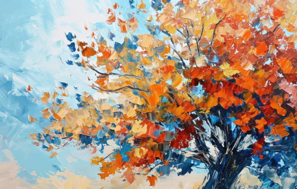Autumn, leaves, branches, nature, tree, paint, foliage, picture
