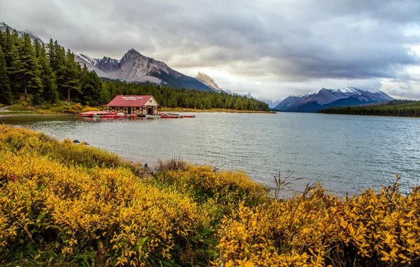 Forest, clouds, trees, mountains, lake, boats, pier, Canada