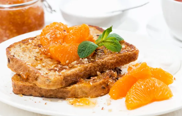 Breakfast, bread, jam, toast, tangerines
