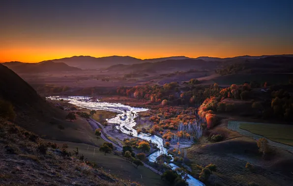 Picture mountains, river, valley, China, glow, Inner Mongolia