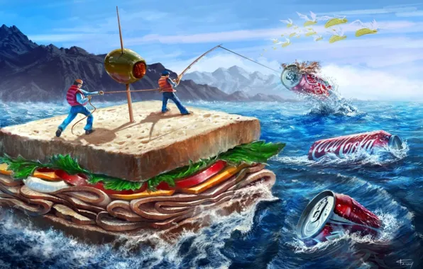 Sea, people, corn, olive, fishermen, sandwich, coca-cola, Coca-Cola