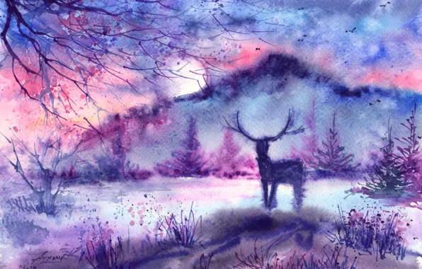 Picture grass, mountains, birds, branches, the evening, deer, painted landscape
